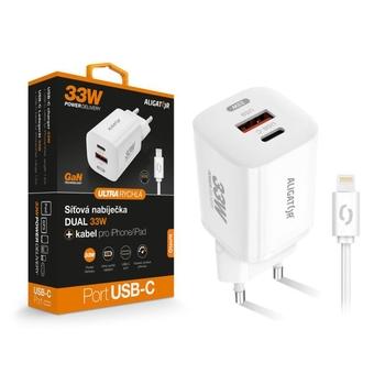 Chytrá GaN síťová nabíječka ALIGATOR Power Delivery 33W, USB-C + USB-A, USB-C kabel pro iPhone, bílá
