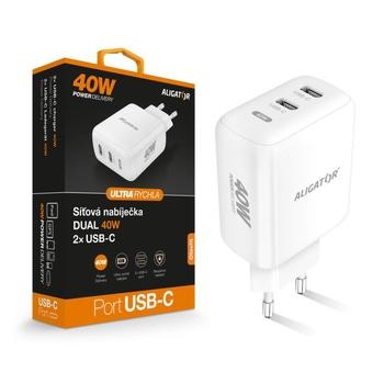 Chytrá síťová nabíječka ALIGATOR Power Delivery 40W, 2xUSB-C, bílá