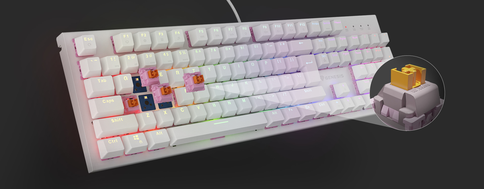 Tichá herní klávesnice GENESIS THOR 303 RGB Outemu Peach Silent